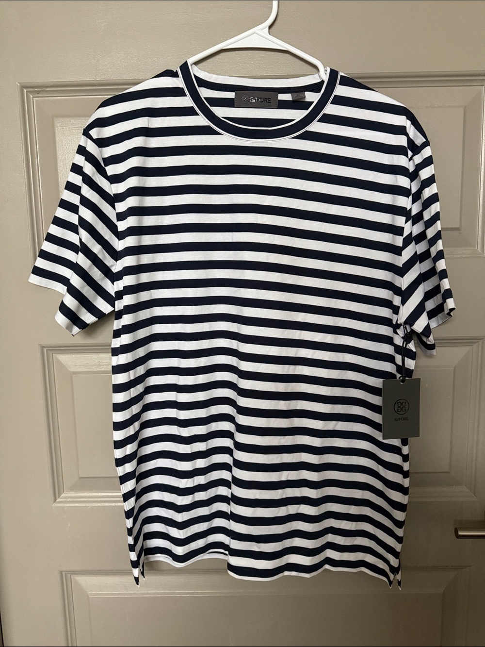 G/FORE Navy and White Striped Short Sleeve Crew